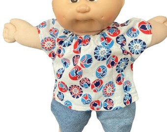 PATRIOTIC! 14" Cabbage Patch Doll Clothes. 15" Inch Bitty Baby. Fits Girl. Red White Blouse and Blue jean Denim Capri Length Shorts