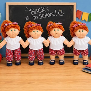 May include: Four dolls with orange yarn hair, wearing white short-sleeved shirts, floral patterned bottoms, and dark blue shoes. Each doll has a patterned headband. They are standing in a row, holding hands, in front of a chalkboard with text.