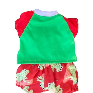 Ropa Cabbage Patch, para muñeca de 40 cm, camiseta verde y roja y pantalones cortos estilo ranita.