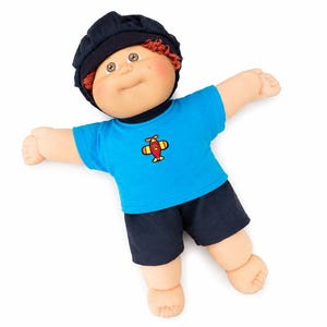 Cabbage Patch Clothes, Fits 16" Boy, Summer Outfit, Blue Airplane Embroidered T-shirt, Black Shorts, and Hat