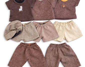 Cabbage Patch Clothes, Fits 14" Boy Doll/ Preemie, Brown Khaki Collection, Shorts, Pants, T-shirt, MIX and MATCH, cat, airplane