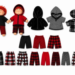 May include: Two dolls with red hair and a collection of doll clothing including hoodies, shirts, and various plaid, solid, and checkered pants. The set features black, red, and white color schemes with different fabric patterns and textures.