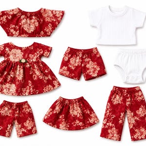 May include: A collection of doll clothing including a red floral off-shoulder top, a red floral dress with a small flower accent, red floral shorts, a red floral skirt, red floral trousers, a white ribbed short-sleeve top, and white ribbed briefs.