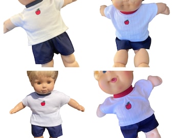 12", 14" 16" Cabbage Patch ,15 Inch Bitty Baby Doll Clothes,Fits Boy Doll. White Embroidered Apple T-shirt and Navy Blue Shorts