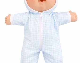 14" Inch ,Cabbage Patch Doll Clothes, Spring Pajamas, Blue White Gingham Flannel Sleeper