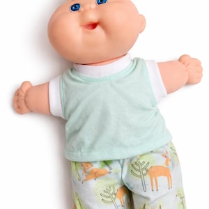 Cabbage Patch Clothes, Fits 12-13 Inch Boy Doll, Summer Outfit, Mint Green Sleeveless T-shirt and Woodland Deer Print Pants