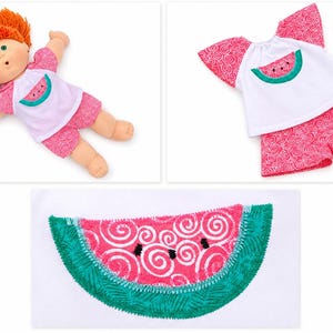May include: A doll with orange yarn hair wearing a white shirt with a pink and green watermelon slice appliqué and matching pink patterned shorts, alongside a separate set of the same shirt and shorts, and a close-up of the watermelon appliqué.