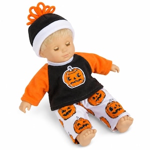 Bitty Baby Clothes, Fits 15" Boy Doll, HALLOWEEN OUTFIT, Black Orange Appliqued Pumpkin Jack O Lantern Sweatshirt, Hat, Pants