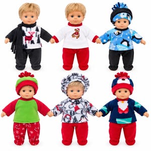 May include: Six dolls with blonde hair arranged in two rows. Each doll wears a different winter-themed outfit, including fleece jumpers, trousers, and hats. The outfits feature patterns like reindeer, teddy bears, penguins, candy canes, and Santa Claus.