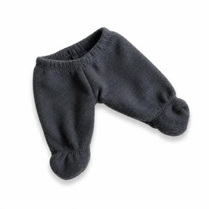 May include: Dark grey baby footed trousers. The trousers are made of a soft, fleece-like material. The cuffs of the feet and the waist have a ribbed texture. The trousers are designed to keep a baby warm and comfortable.