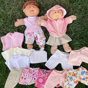 Cabbage Patch Clothes, Fits 14" Girl Doll/ Preemie, Spring Outfit, Peach Hooded Zip Up Jacket, Ivory Floral Pants, T-shirt, MIX and MATCH