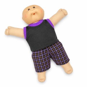 HALLOWEEN, Cabbage Patch Clothes, Fits 14" Boy Doll/ Preemie, Black Purple T-shirt and Plaid Pants
