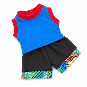 Cabbage Patch Clothes, Fits 14" Boy/ Preemie Doll, Summer Outfit, Blue Red Sleeveless T-shirt and Two Tone Black Tropical Print Shorts