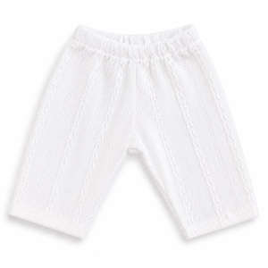 May include: A pair of white pants featuring a vertical cable knit pattern throughout the fabric. The garment has an elasticized waistband and a straight-leg cut, constructed from a lightweight, textured material with a consistent white color.