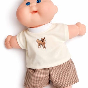 Cabbage Patch Clothes, Fits 12-13 Inch Boy Doll, Ivory Dog Embroidered T-shirt and Brown Check Plaid Shorts