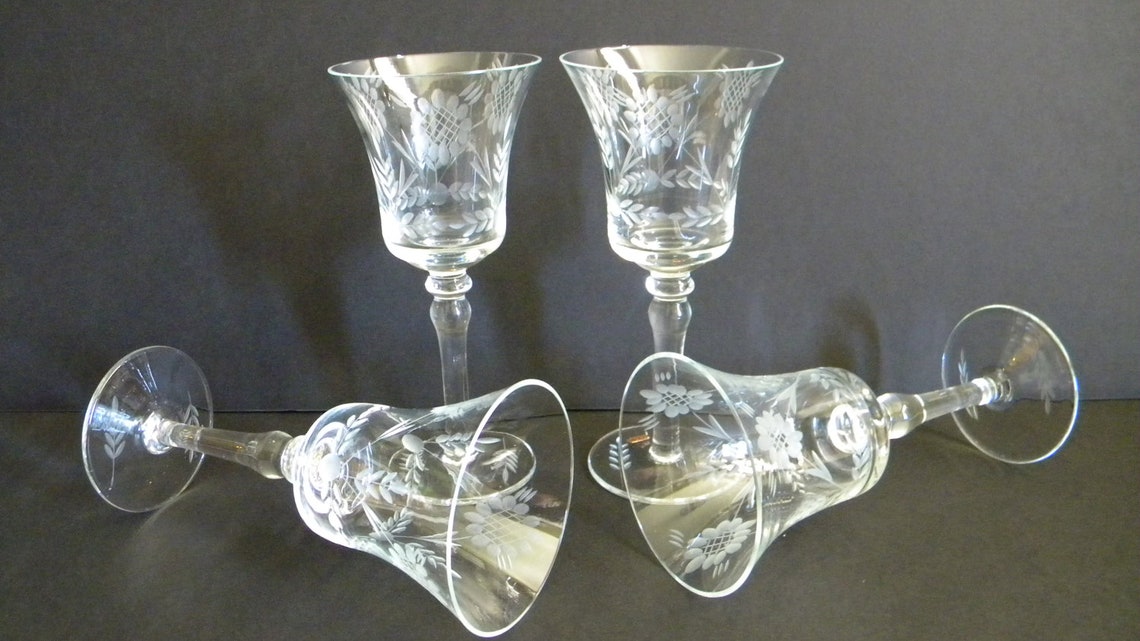Vintage Crystal Clear Etched Hand Blown Romanian Wine Glasses Etsy