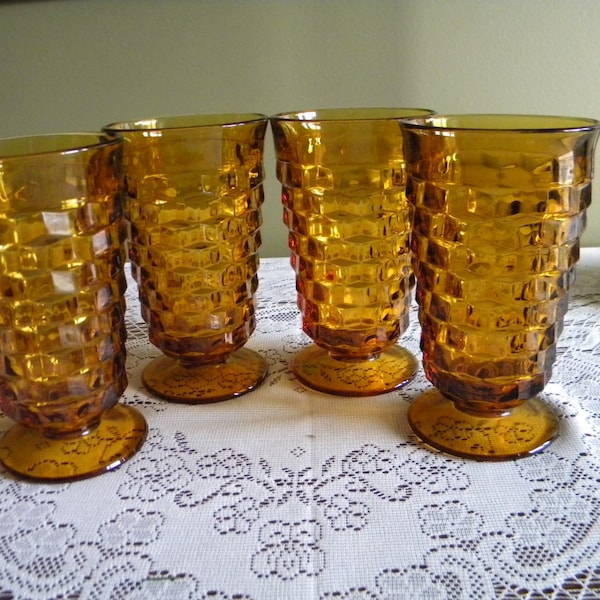 Vintage Glass American Whitehall, 4 Amber Tumblers, Ice Tea, 14oz