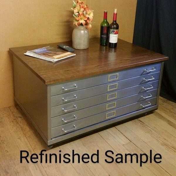 Flat File INV-55 Coffee Table Artist Print File Vintage LYON Steel Blueprint Cabinet Refinished w Oak Wood Top & Casters