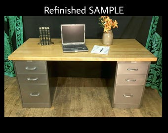 Industrial Metal Desk Vintage Steel Age Refinished with Choice Wood Top INV 5