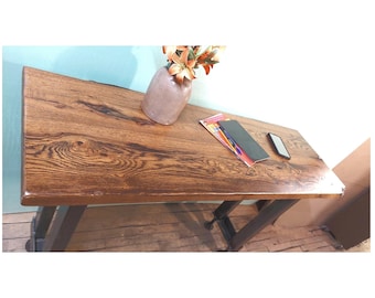 Standing Desk 58" Oak Bar with Partial Live Edge, Vintage Steel Legs Adjustable Height