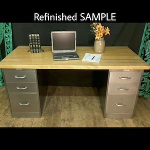 Metal Desk INV 6 Refinished Vintage Industrial Steel Age Office Desk Work Station Choice Wood Top Reception Desk Custom Options