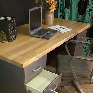 Metal Desk CUSTOM Vintage Industrial Refinished Steel Age Office Desk Work Station Choice Wood Top Reception Desk Home Office INV 5