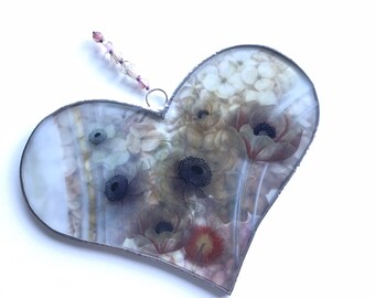 White Baroque stained glass heart sun catcher with anemones and hydrangeas.