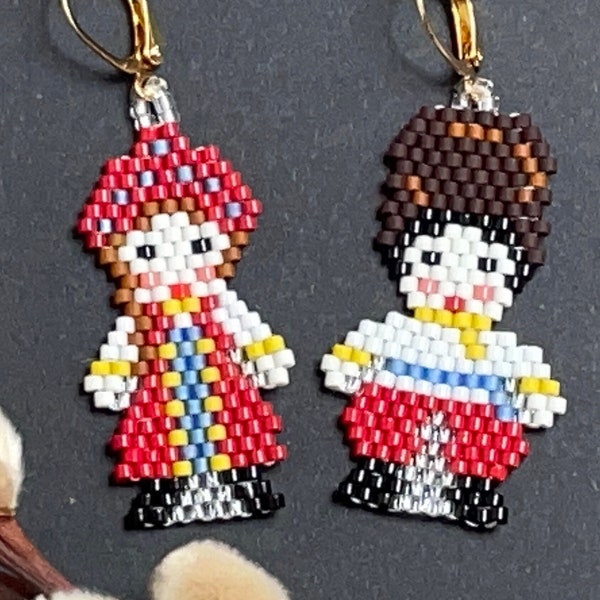 Boy and Girl in Ethnic Costume earrings, Cute folk gift for her, Tiny handbeaded earrings