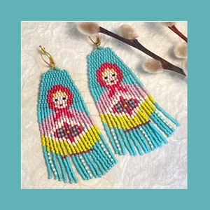 Russian Nesting Doll Earrings, Matryoshka Fringe Earrings, Babushka Earrings, Handbeaded folk art earrings, Unique Slavic gift for her