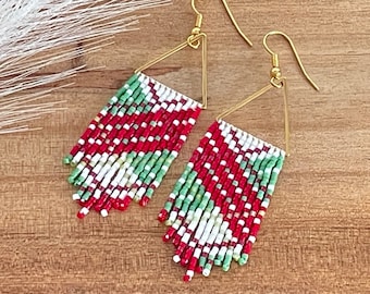 Plaid Fringe Earrings, Christmas fringed triangle earrings, Cute winter gift for her