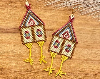 Baba Yaga's Hut Earrings, Hut on Chicken Legs Earrings, Slavic Folklore Handwoven Earrings, Spooky folk art gift