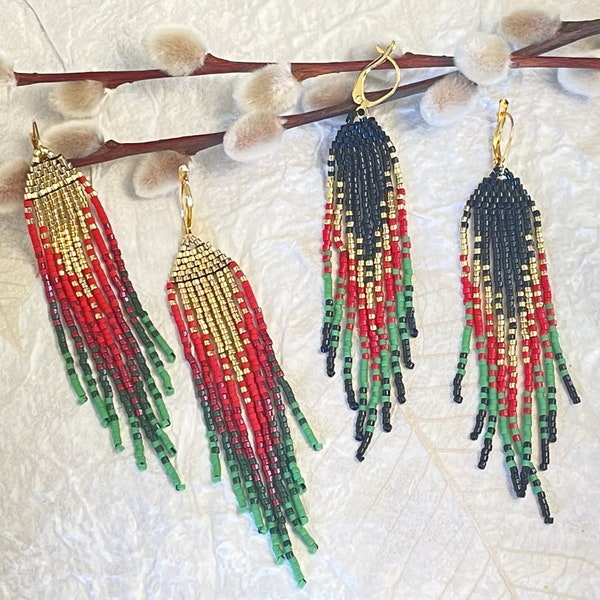 Fringe Earrings in Red, Green, Gold, Black,Handbeaded fringe earrings,Unique gift for her,Dramatic lightweight earrings,