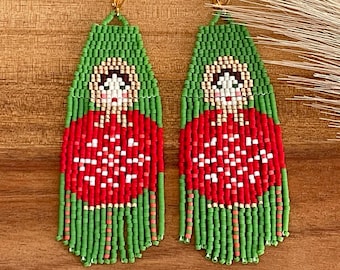 Christmas Nesting Doll Earrings: Handwoven Seed Bead Holiday Jewelry
