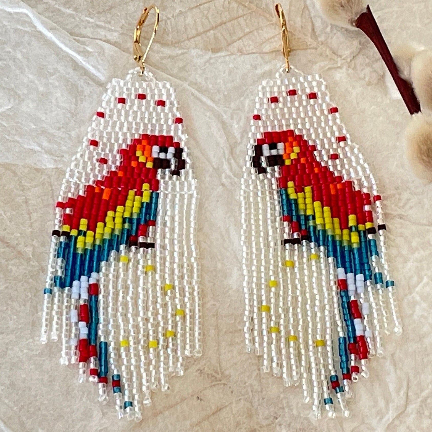 Parrot Earrings, Tropical Bird Fringe Earrings, Handmade
