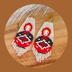 Russian Nesting Doll Earrings, Matryoshka Fringe Earrings, Babushka earrings, Handbeaded folk art earrings, Unique Slavic gift for her