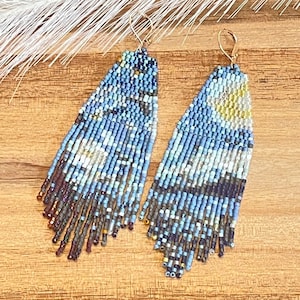 Starry Night Earrings: Handwoven Seed Bead van Gogh Jewelry