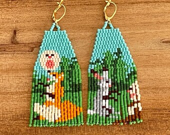 Kolobok with Fox & Rabbit Earrings, Handbeaded Folktale Earrings, Mismatched Beaded Earrings