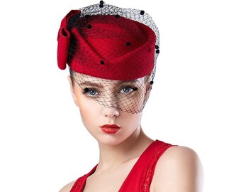 Red Veil Womens Fascinator Pillbox Felt Wool Cocktail Race Hat Formal Dress T166