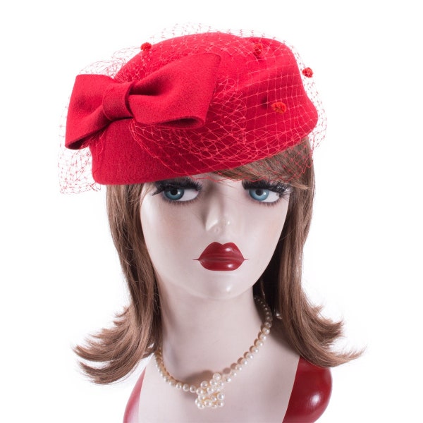 Red Womens Pillbox Hat Bridal Fascinator Beret Wool Felt Kentucky Derby Wedding Race Royal Ascot A080