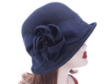 Womens Collapsible Vintage Style Asymmetrical Brim Cloche Bucket 60% Wool Winter Hat T492