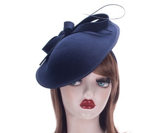 1pcs Navy Blue Womens 1950s Vintage Look Wool Felt Saucer Headpiece Fascinator Cocktail Hat A570