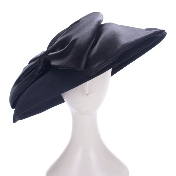 Black Funeral Hat Women's Wool Felt Wide Brim Hatinator Headwear with Huge Silk Bow Wedding Occasion Hat T518