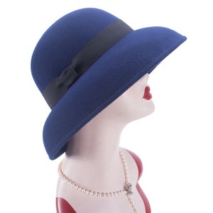 1pcs Navy Blue Womens Downtown Abbey Vintage Style 100% wool Felt Church Wedding Wide Brim Hat T402