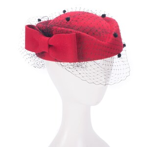 Red Veil Womens Fascinator Pillbox Felt Wool Cocktail Race Hat Formal Dress T166