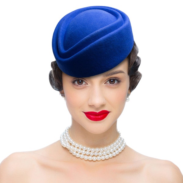 1pcs Blue 100% Felt Wool Stewardess Air Hostesses Pillbox Hat Millinery TearDrop Fascinator Base A049