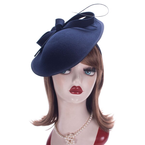 1pcs Navy Blue Womens 1950s Vintage Look Wool Felt Saucer Headpiece Fascinator Cocktail Hat A570