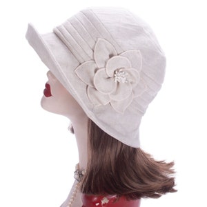 1pcs Beige Womens 1920s Flappers Vintage Style 100% Linen Cloche Bucket Sun Summer Floral Hat A602