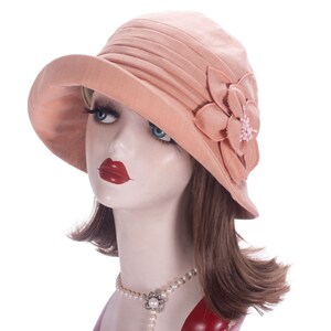 1pcs Pink Womens 1920s Flappers Vintage Style 100% Linen Cloche Bucket Sun Summer Floral Hat A602