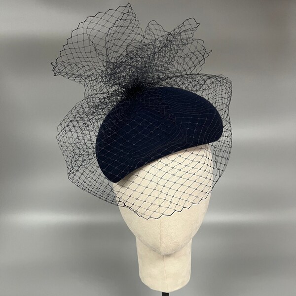 Navy Blue Teardrop Womens British Style Wool Felt Fascinator Pillbox Hat Tam Beret Casque Cocktail Bridal Hat A618