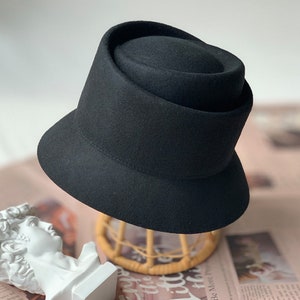 Black Womens 100% Wool Felt Tilt Asymmetrical Crown Wedding Church Fedora cloche Bucket Hat Base Making supply Millinery Decor Craft T399